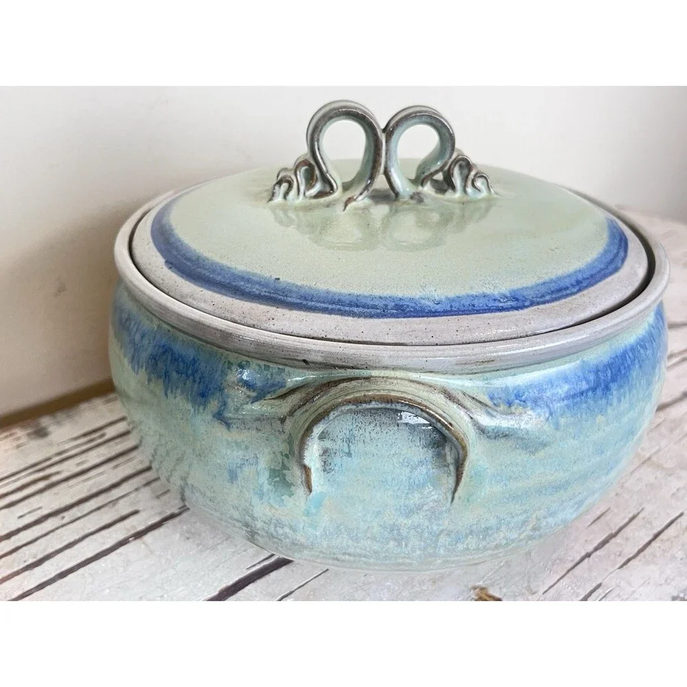 Vintage Handmade Artisan Pottery Tureen Casserole Dish W/Ornate Lid Signed